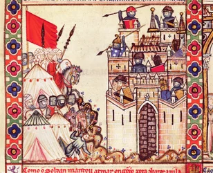 (Detail) Cantiga 28 Depicting Soldiers Encircling Constantinople in Christian Hands, Written in Galician for Alfonso X